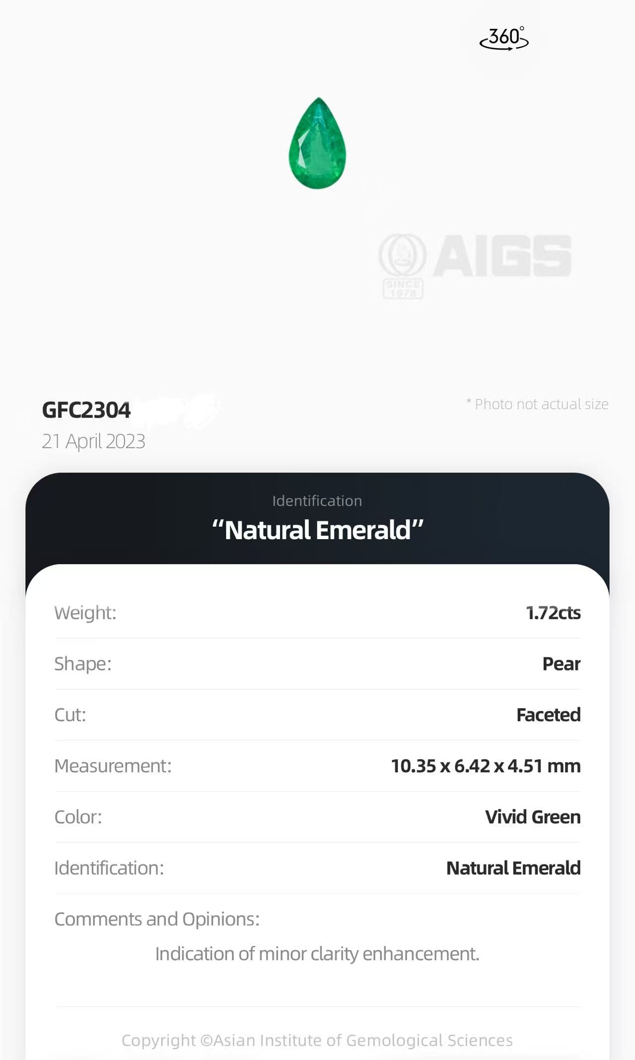 AIGS certification report for 1.72ct natural Vivid Green emerald | Tayam Jewellery Sydney CBD