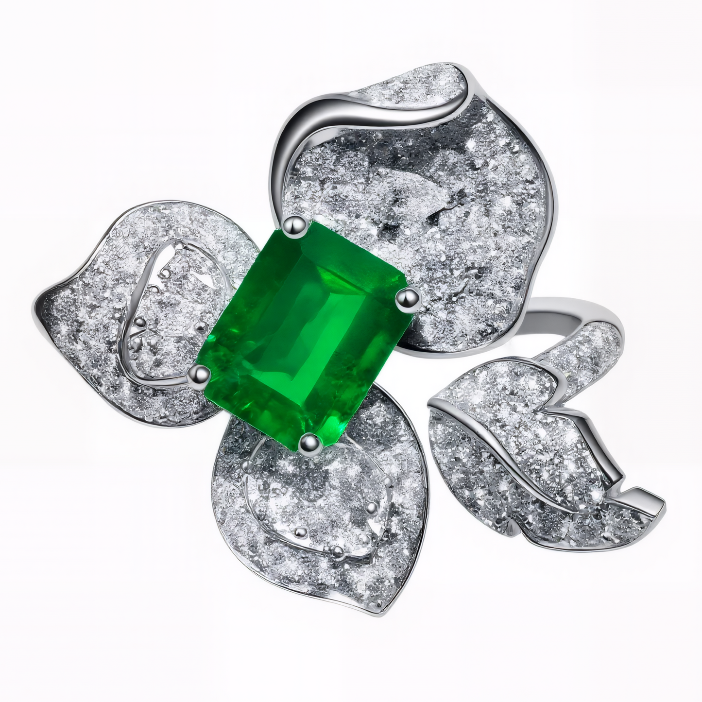 Emerald Flower Ring in 18K White Gold with Diamonds | Luxury Green Emerald Engagement Ring Sydney | Tayam Jewellery