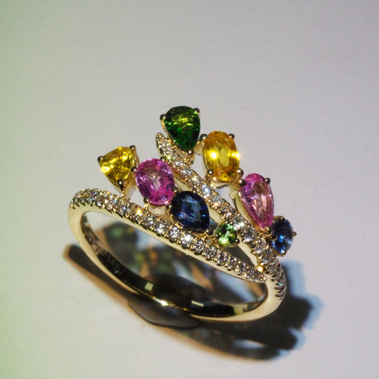 8-stone sapphire and garnet ring detail view, natural diamond accents, 14K yellow gold band