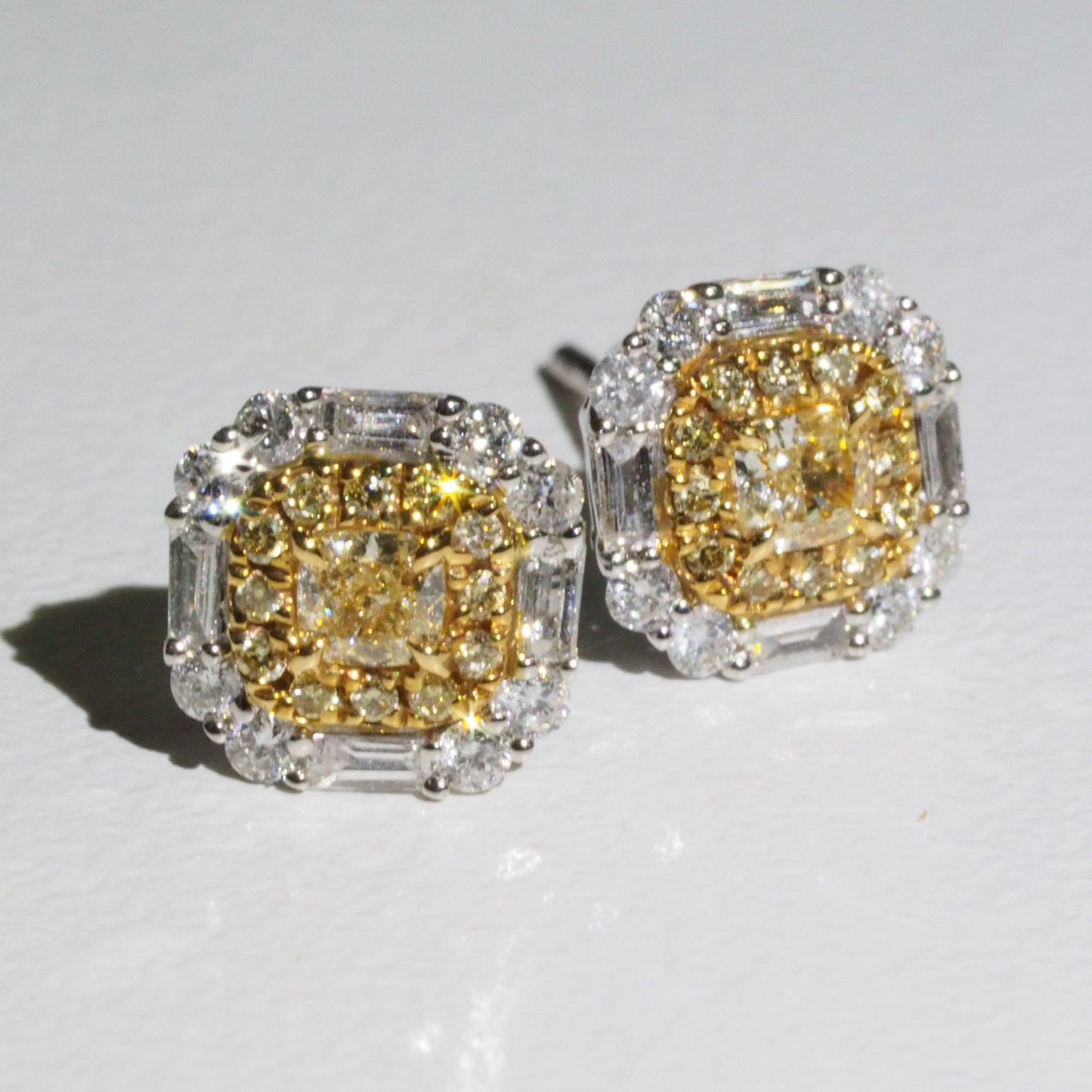 Cushion Yellow Diamond Earrings with Baguette White Halo | Tayam Jewellery