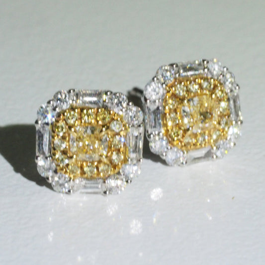 Cushion Yellow Diamond Earrings with Baguette White Halo | Tayam Jewellery