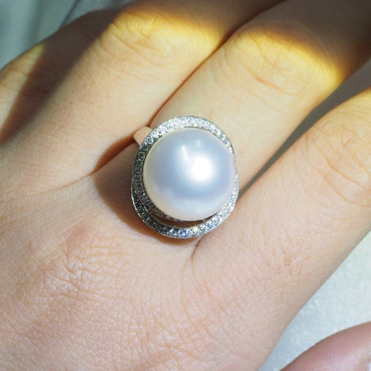 18K White Gold Natural South Sea Pearl & Diamond Halo Ring - 14mm Elegance | Tayam Jewellery