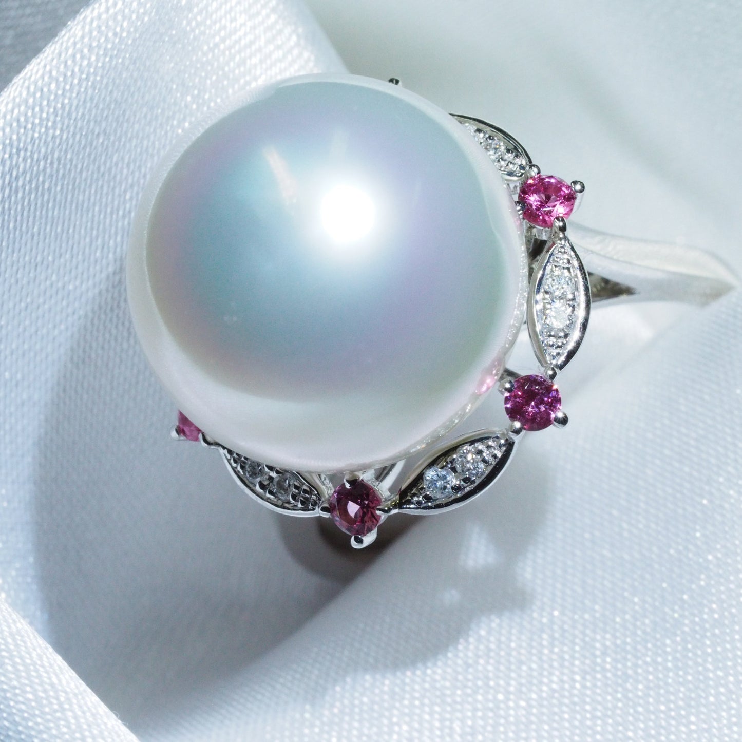 18K White Gold Natural South Sea Pearl Ring with Pink Spinel & Diamond Halo - Convertible to Pendant | Tayam Jewellery