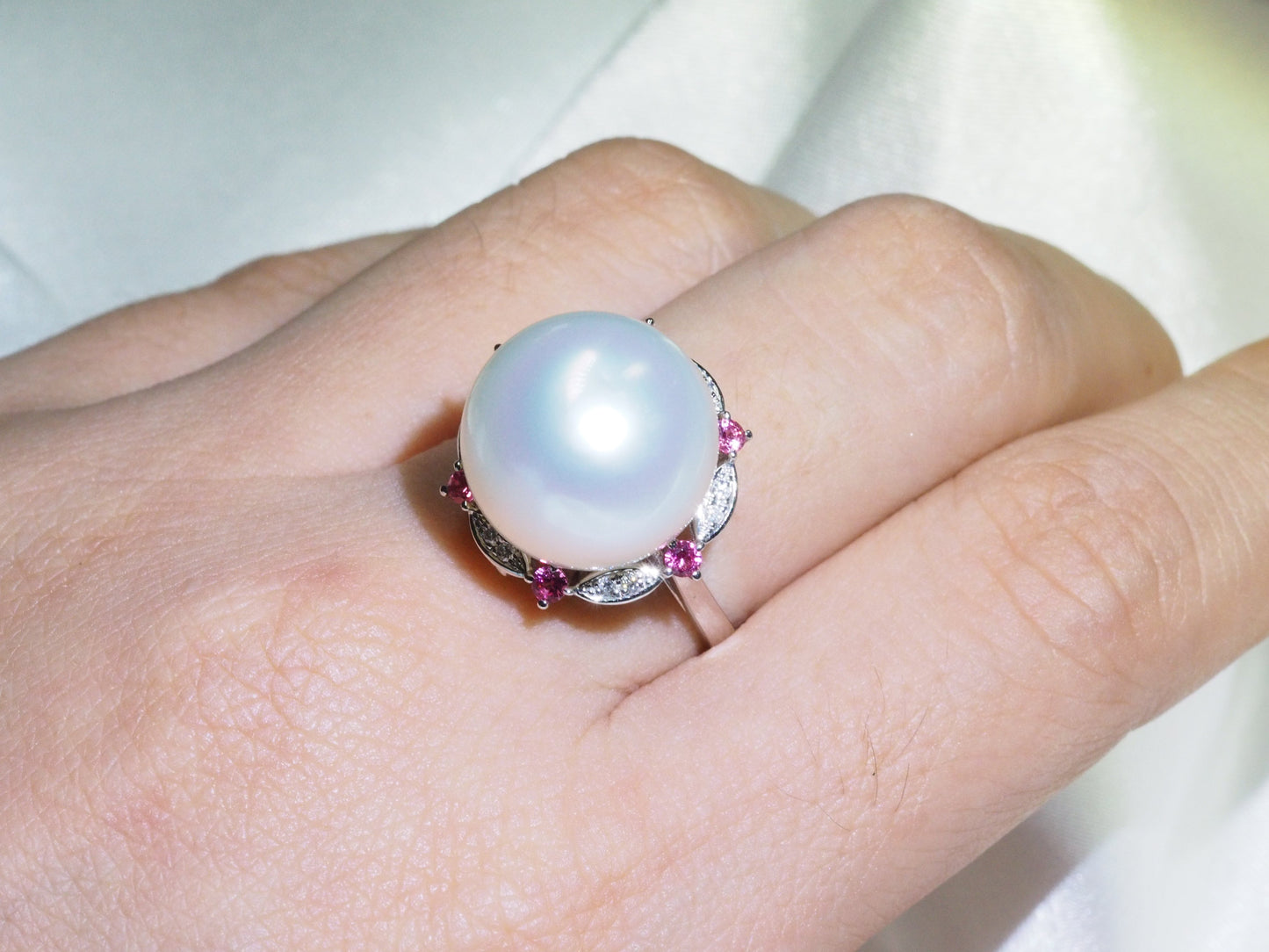 18K White Gold Natural South Sea Pearl Ring with Pink Spinel & Diamond Halo - Convertible to Pendant | Tayam Jewellery