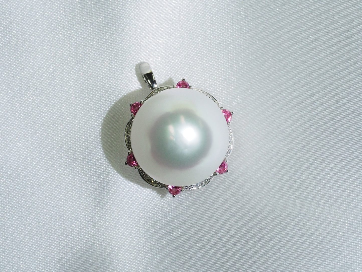 18K White Gold Natural South Sea Pearl Ring with Pink Spinel & Diamond Halo - Convertible to Pendant | Tayam Jewellery