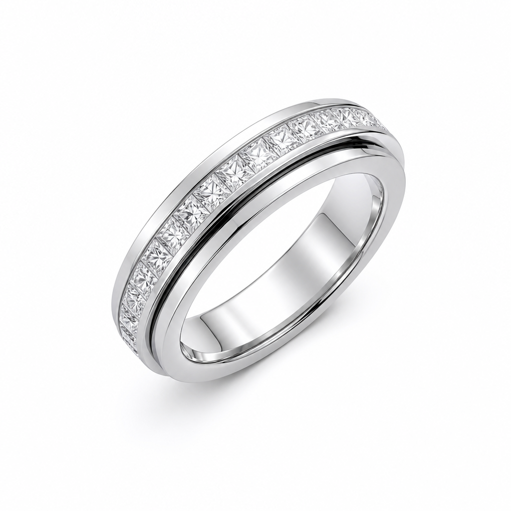 His and hers spinner bands close-up — wide plain and slim pave diamond | Tayam Sydney