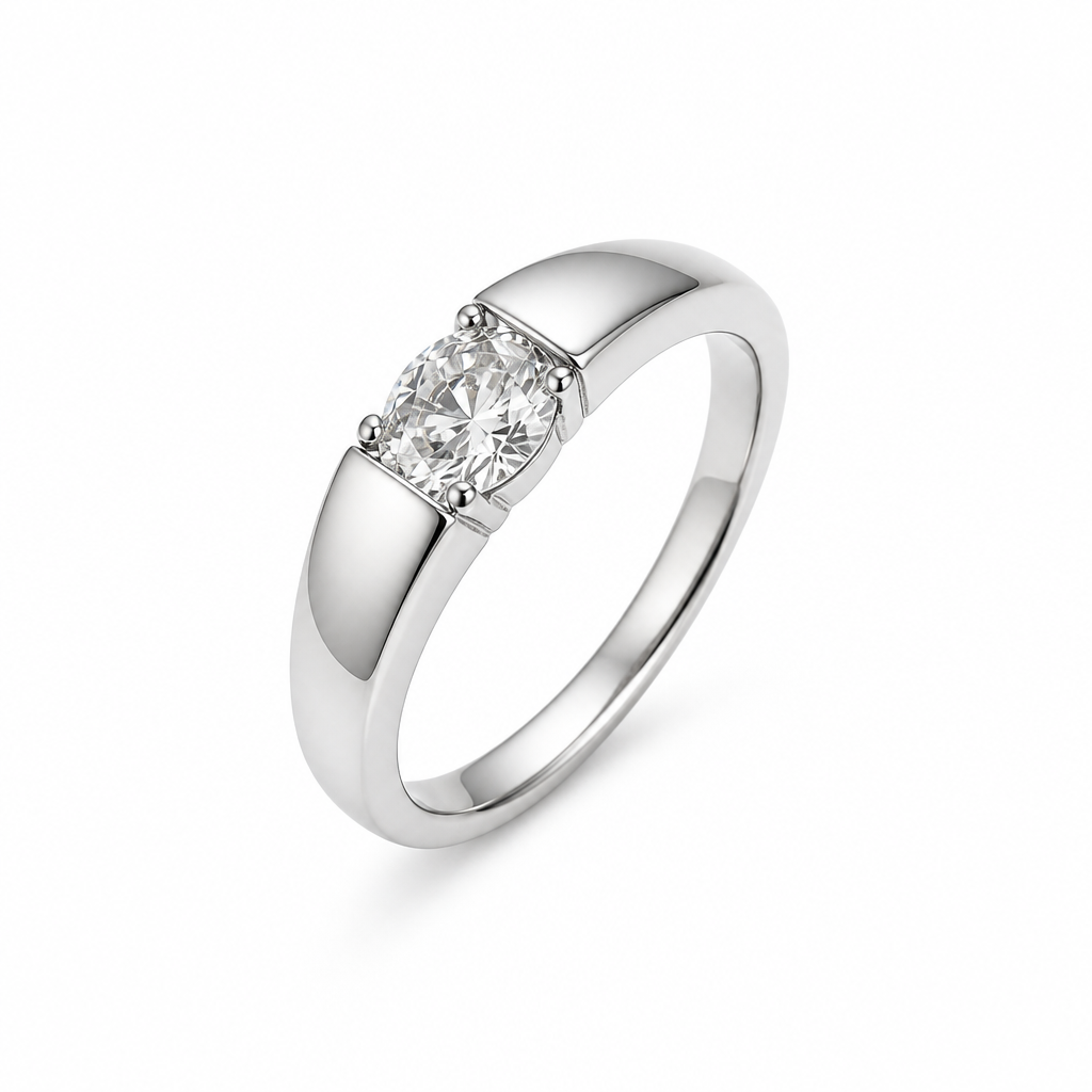 Minimalist platinum band close-up — single diamond wedding ring | Tayam Sydney