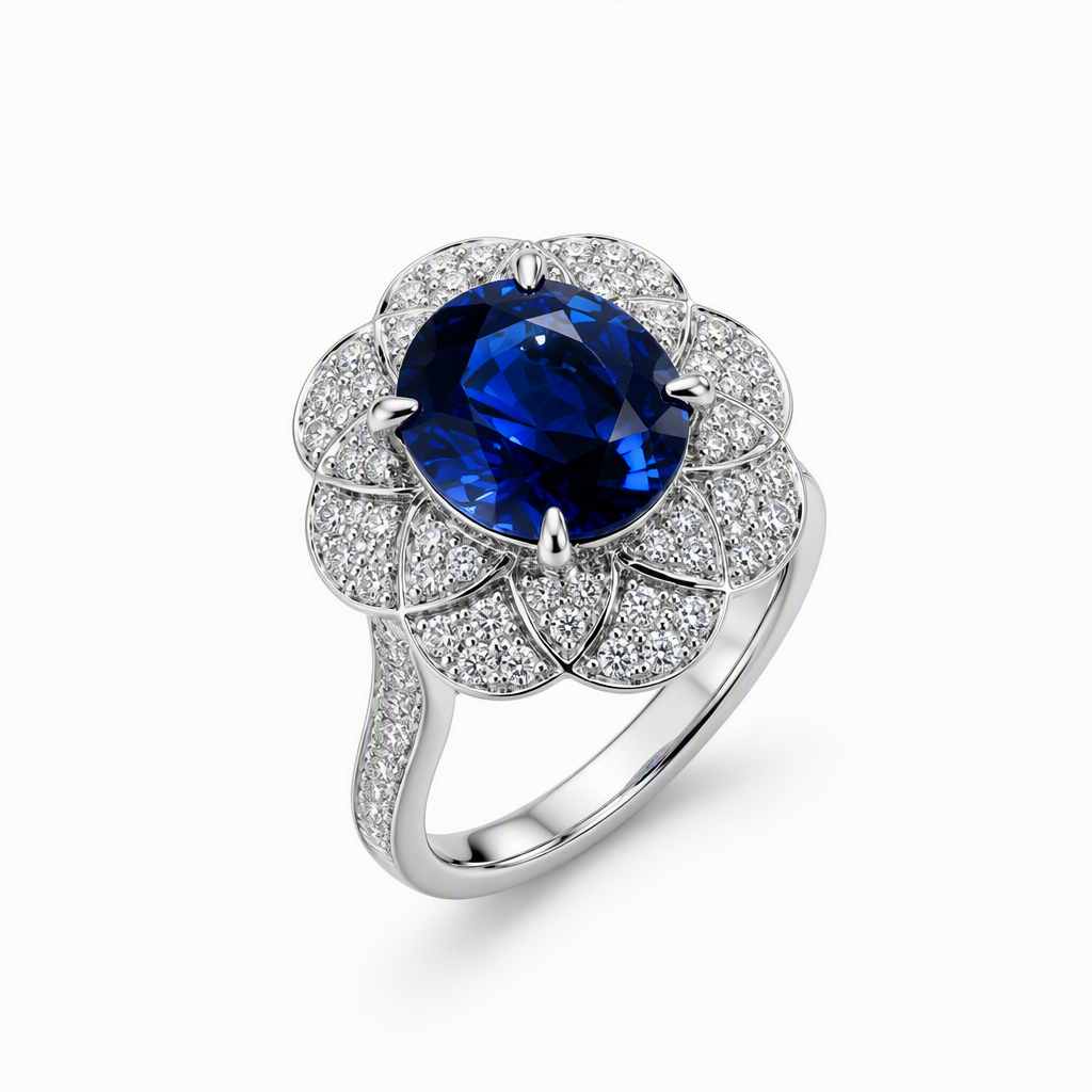 Royal blue sapphire floral ring side profile — statement design platinum | Tayam Sydney CBD