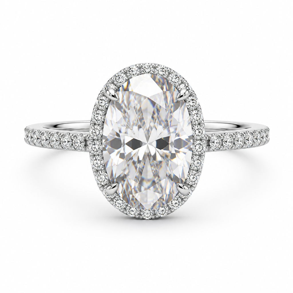 Oval halo engagement ring side profile — diamond set band, bespoke Sydney CBD | Tayam