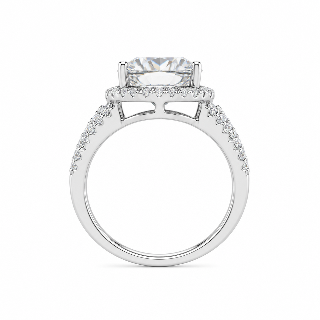 Three carat halo diamond ring close-up — D/E VVS lab grown centre stone | Tayam