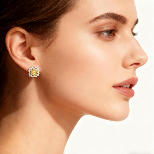 Yellow Diamond Floral Earrings 18K Gold White Diamond Petals | Tayam Jewellery