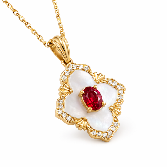 Ruby mother-of-pearl quatrefoil pendant close-up showing diamond-edged petals