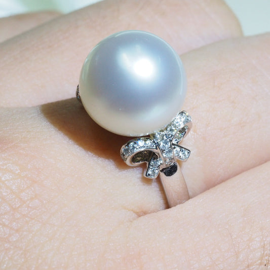South Sea pearl bow ring close-up — AAA lustre flawless natural diamond accent Sydney