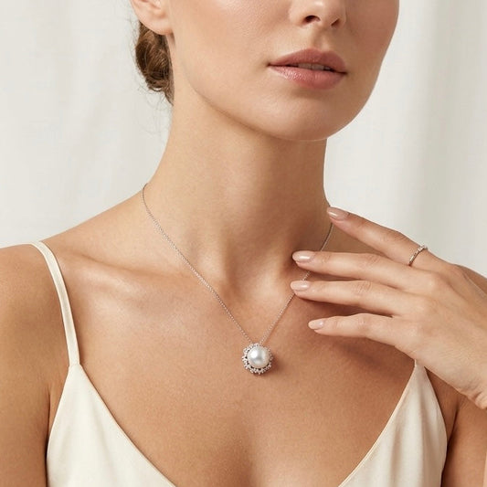 South Sea pearl diamond halo pendant close-up — AAA lustre flawless surface high button shape Sydney
