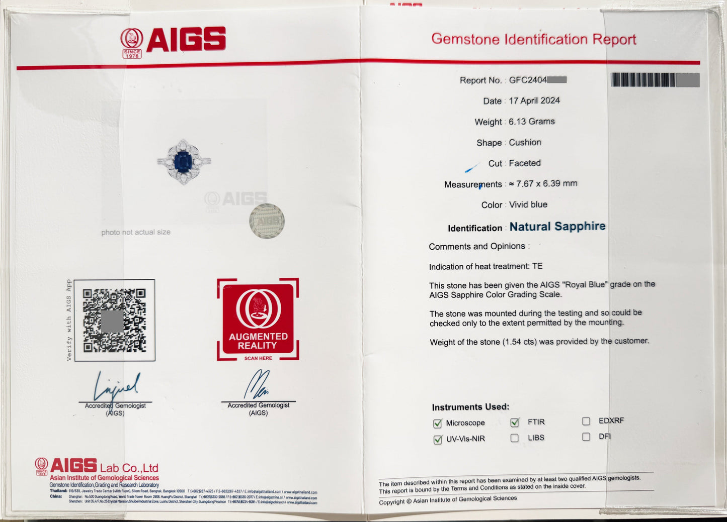AIGS certificate of authenticity for 1.54ct natural Royal Blue Sapphire | Tayam Jewellery Sydney