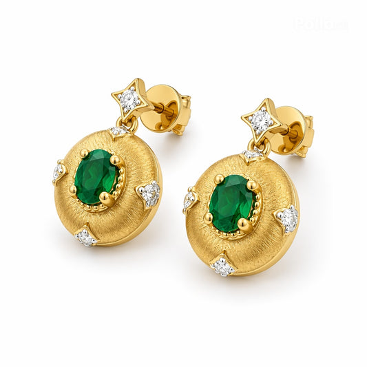 Emerald drop earrings close-up — hand-brushed gold disc star-set diamonds | Tayam Jewellery Sydney