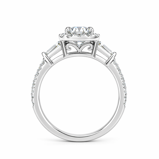 Emerald cut halo diamond ring side profile — baguette shoulders cut-claw band | Tayam Sydney