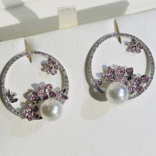 Floral pearl earrings close-up — pink sapphire flowers butterfly diamond 18K white gold | Tayam Jewellery Sydney