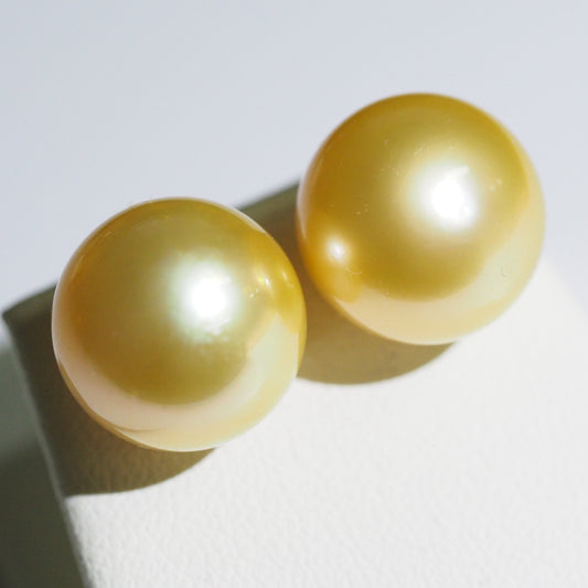 Golden South Sea pearl earrings close-up — AAA lustre 18K yellow gold | Tayam Jewellery Sydney