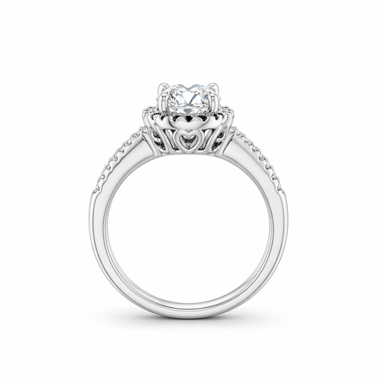 Halo diamond ring side profile — cut-claw band in 18K white gold | Tayam Jewellery Sydney
