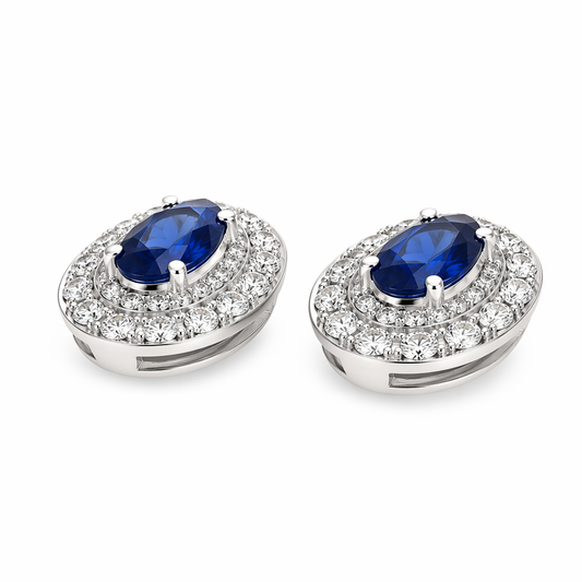 Sapphire diamond stud earrings close-up — double diamond halo 18K white gold | Tayam Jewellery Sydney