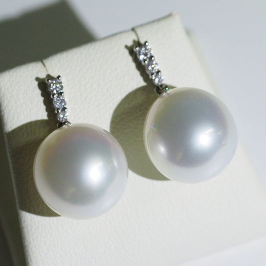 South Sea pearl drop earrings close-up — pink blue overtones AAA lustre 9K white gold | Tayam Jewellery Sydney