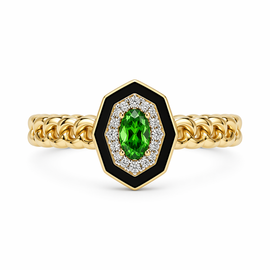 Tsavorite ring close-up — oval cut tsavorite diamond halo black enamel 9K gold | Tayam Jewellery Sydney