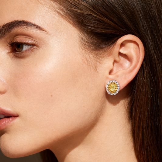 18K Gold Yellow Diamond Earrings – Double Halo Design | TayaM Jewellery Sydney | Tayam Jewellery