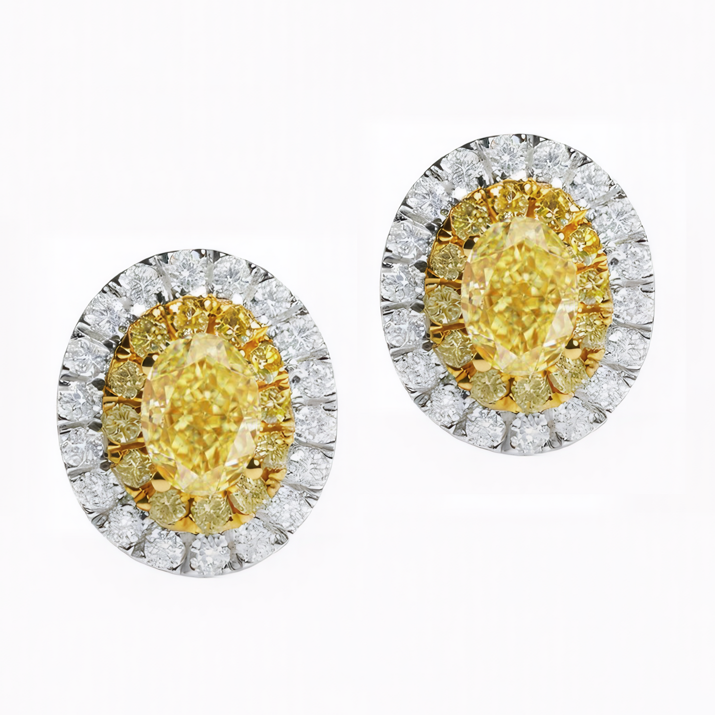 18K Gold Yellow Diamond Earrings – Double Halo Design