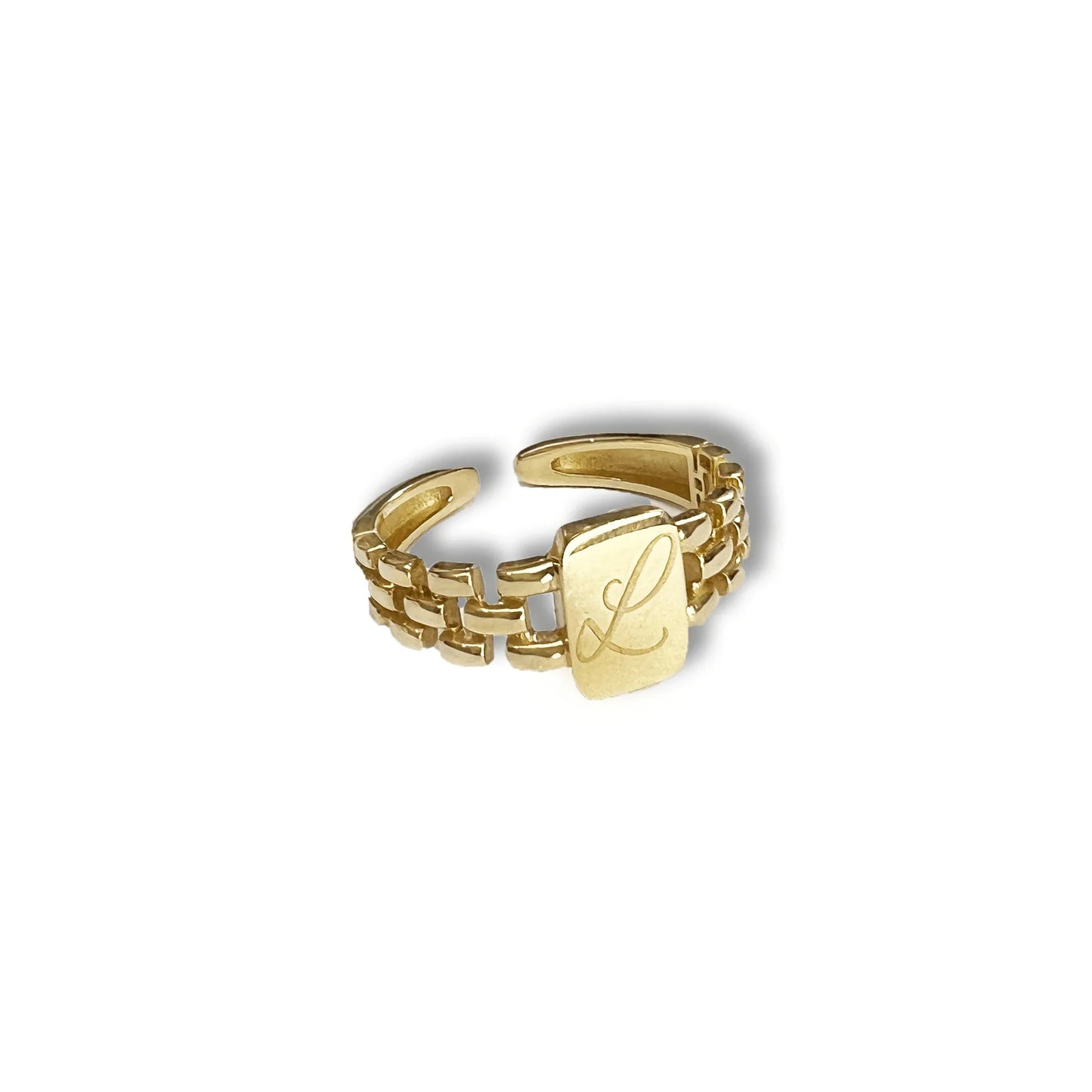 Gold chain-link ring with engraved initial L, adjustable design for Sydney jewellery lovers