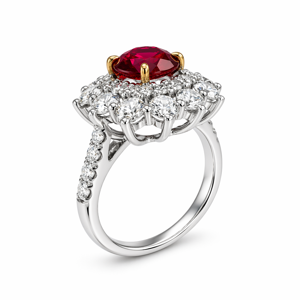 1.08ct Tanzanian ruby ring close-up showing vivid Pigeon's Blood colour and diamond halo detail