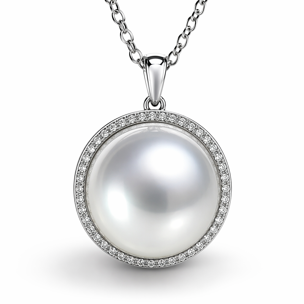 South Sea pearl pendant close-up — button pearl silver overtones 18K white gold | Tayam Jewellery Sydney
