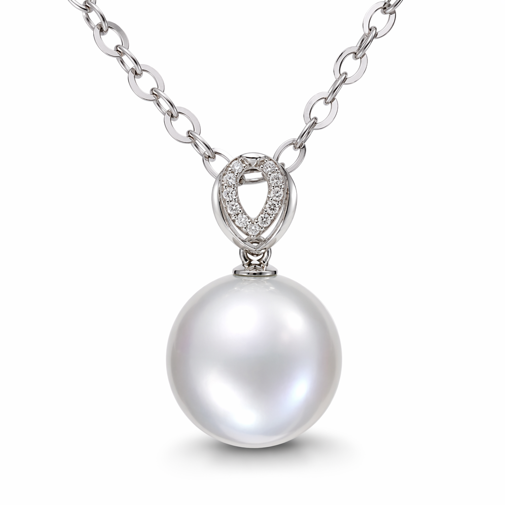 South Sea pearl pendant close-up — round pearl pink overtones 18K white gold | Tayam Jewellery Sydney