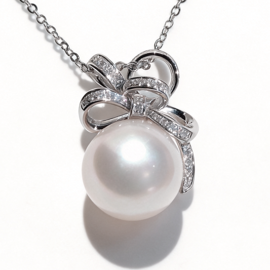 13.5-14mm Round Australian South Sea Pearl Pendant Diamond Bow 18K White Gold | Tayam Sydney CBD | Tayam Jewellery