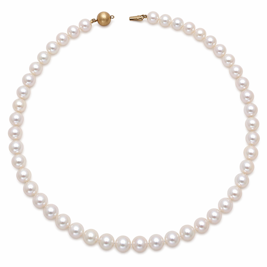 Elegant 7mm Australian South Sea pearl strand necklace with high-luster white pearls, styled on a model for a sophisticated look, by Tayam Jewellery
