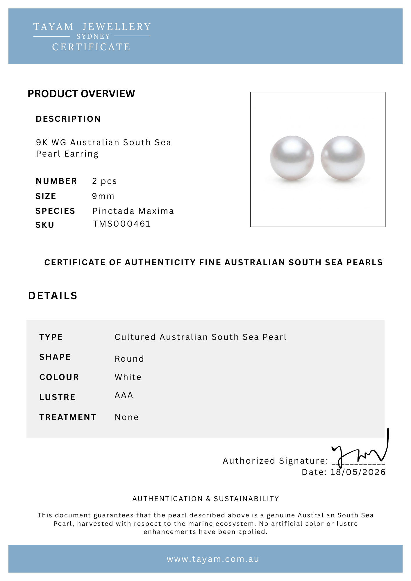 South Sea pearl earrings gift presentation — natural untreated pearl studs for women Sydney CBD Tayam