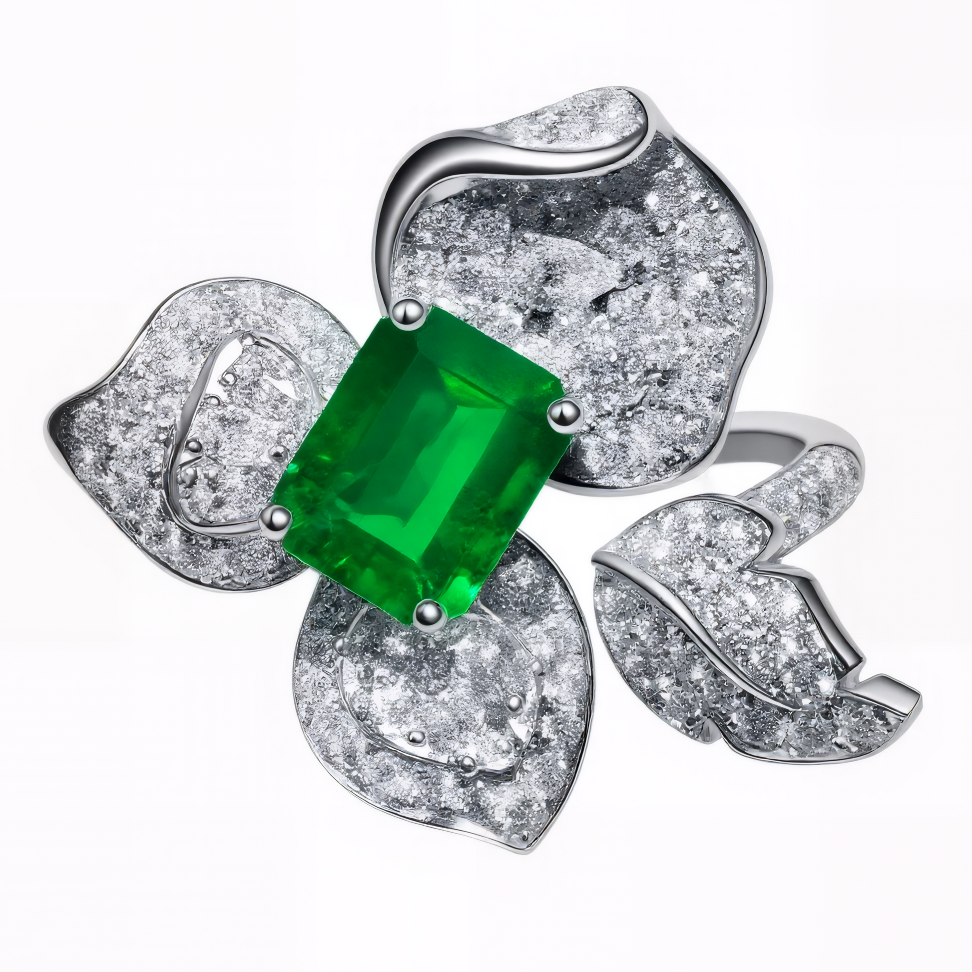 Emerald Flower Ring in 18K White Gold with Diamonds | Luxury Green Emerald Engagement Ring Sydney | Tayam Jewellery