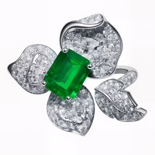 Emerald Flower Ring in 18K White Gold with Diamonds | Luxury Green Emerald Engagement Ring Sydney | Tayam Jewellery