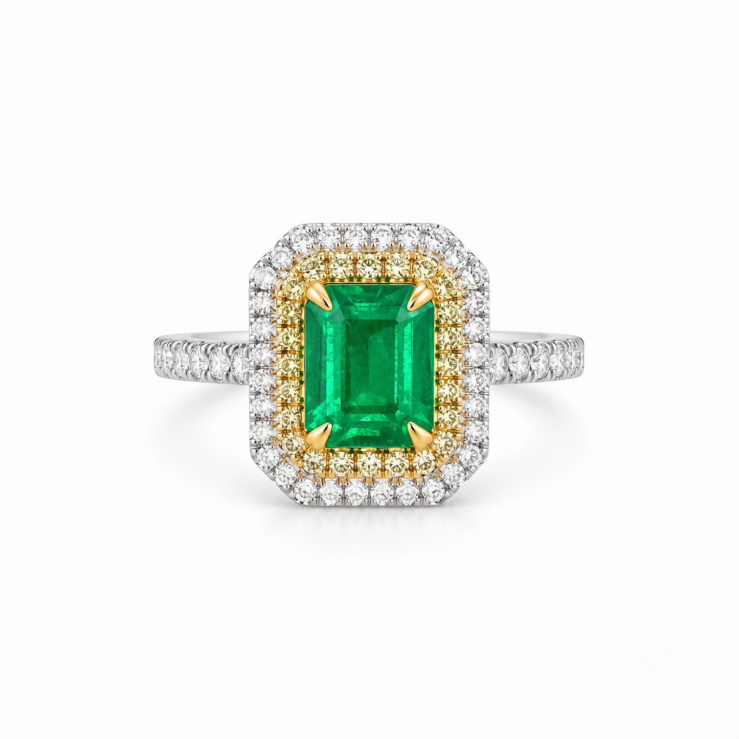 1.03ct Zambian vivid green emerald ring with yellow & white diamond double halo — 18K two-tone gold | Tayam Sydney CBD