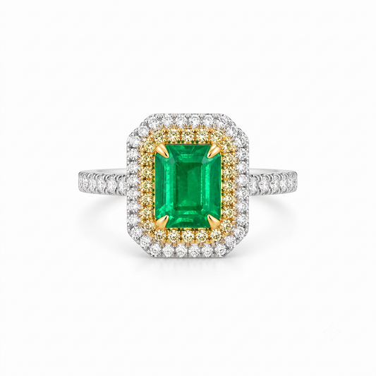 1.03ct Zambian vivid green emerald ring with yellow & white diamond double halo — 18K two-tone gold | Tayam Sydney CBD