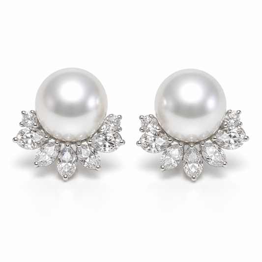 9-10mm round Australian South Sea pearl stud earrings with moissanite | Tayam Sydney CBD