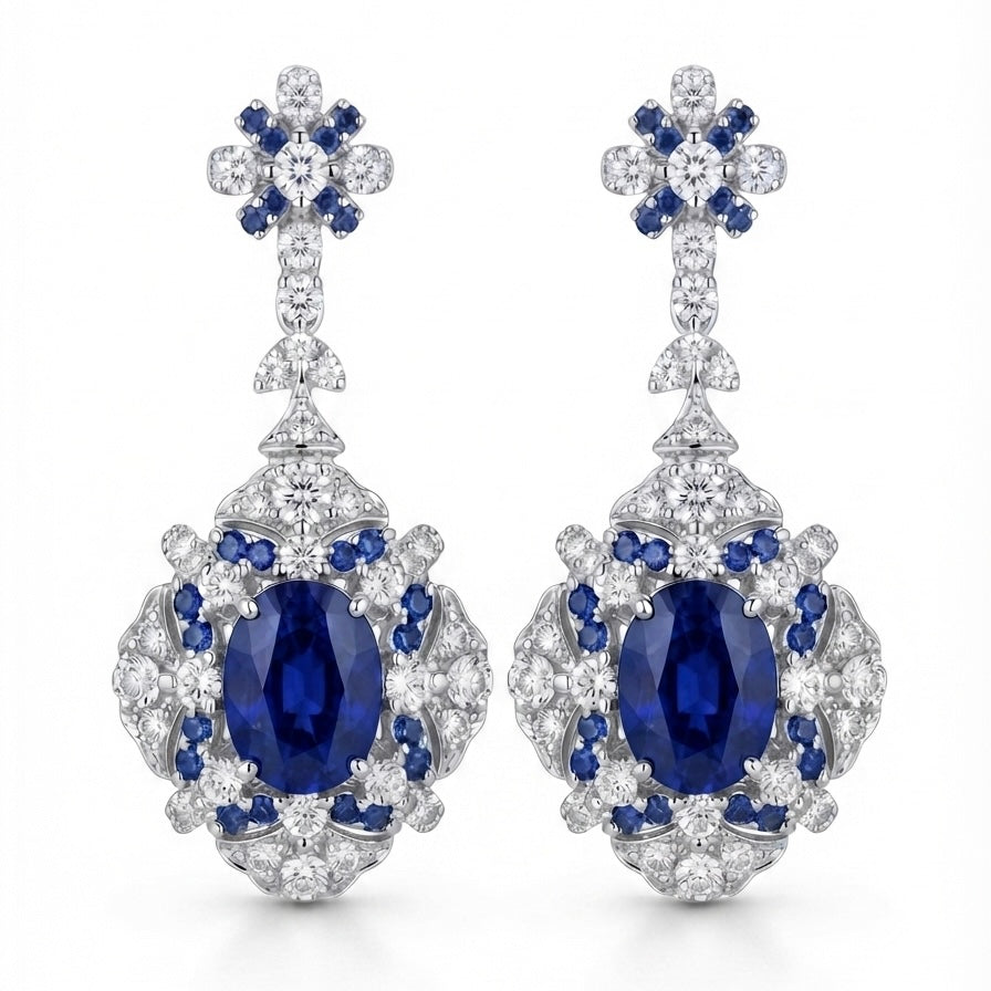 Natural blue sapphire drop earrings with diamonds in 18K white gold | Tayam Jewellery Sydney CBD
