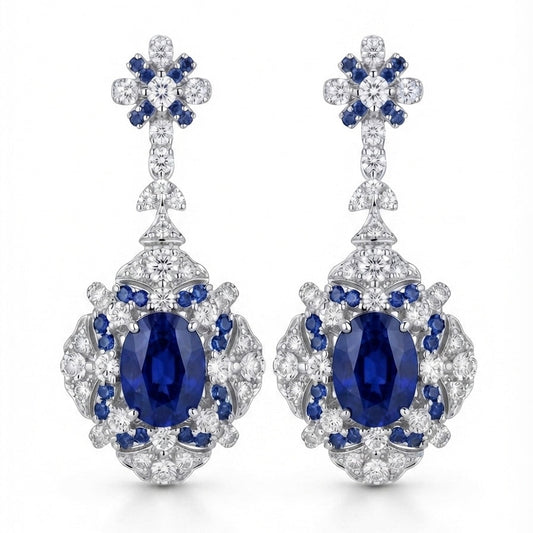 Natural blue sapphire drop earrings with diamonds in 18K white gold | Tayam Jewellery Sydney CBD