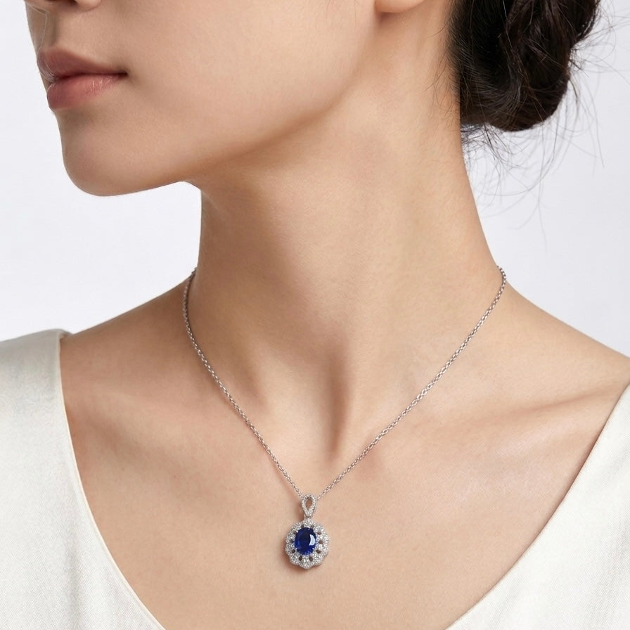 Sapphire and diamond floral pendant necklace in 18K white gold | Tayam Jewellery Sydney CBD