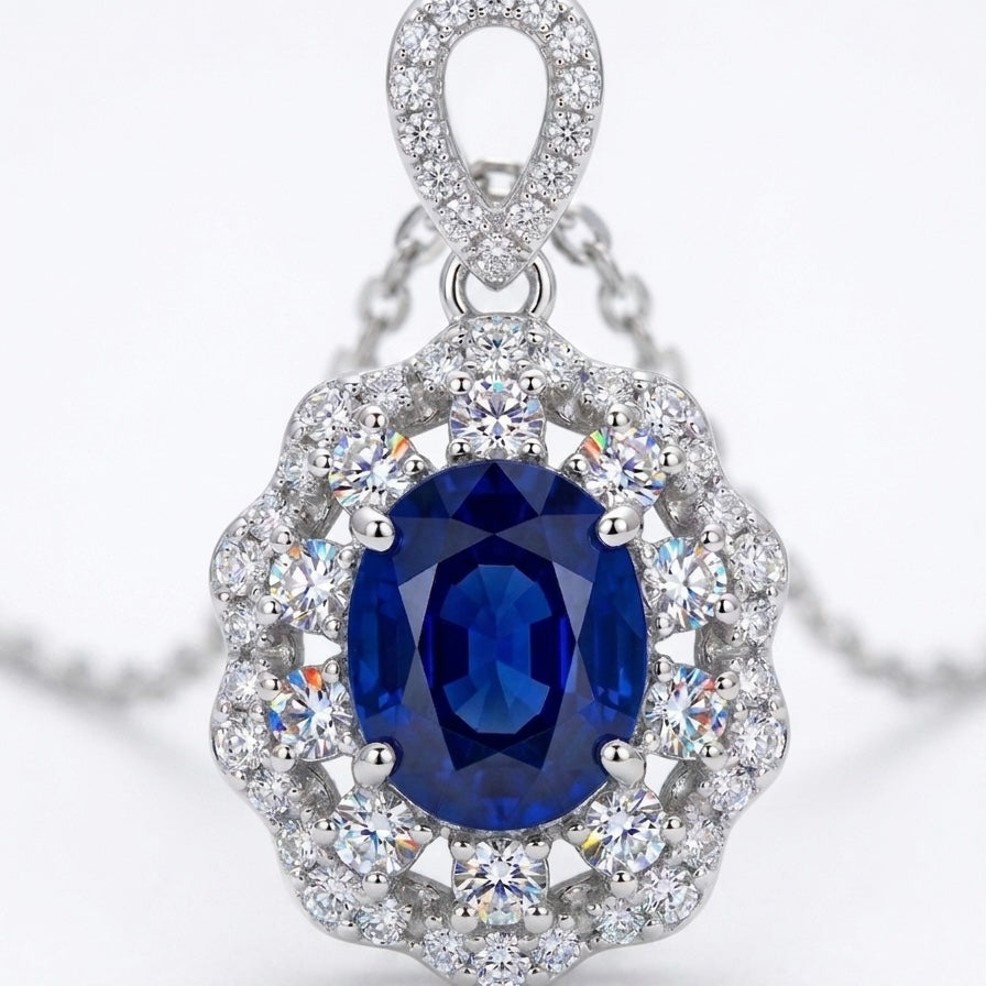 Natural blue sapphire floral pendant with diamonds in 18K white gold | Tayam Jewellery Sydney CBD