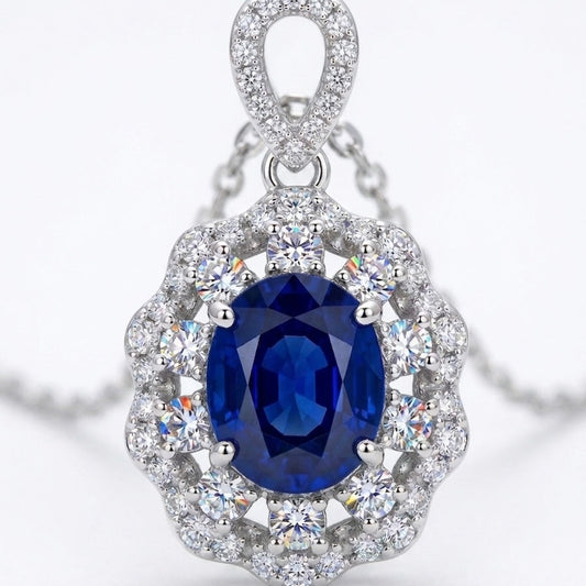 Natural blue sapphire floral pendant with diamonds in 18K white gold | Tayam Jewellery Sydney CBD