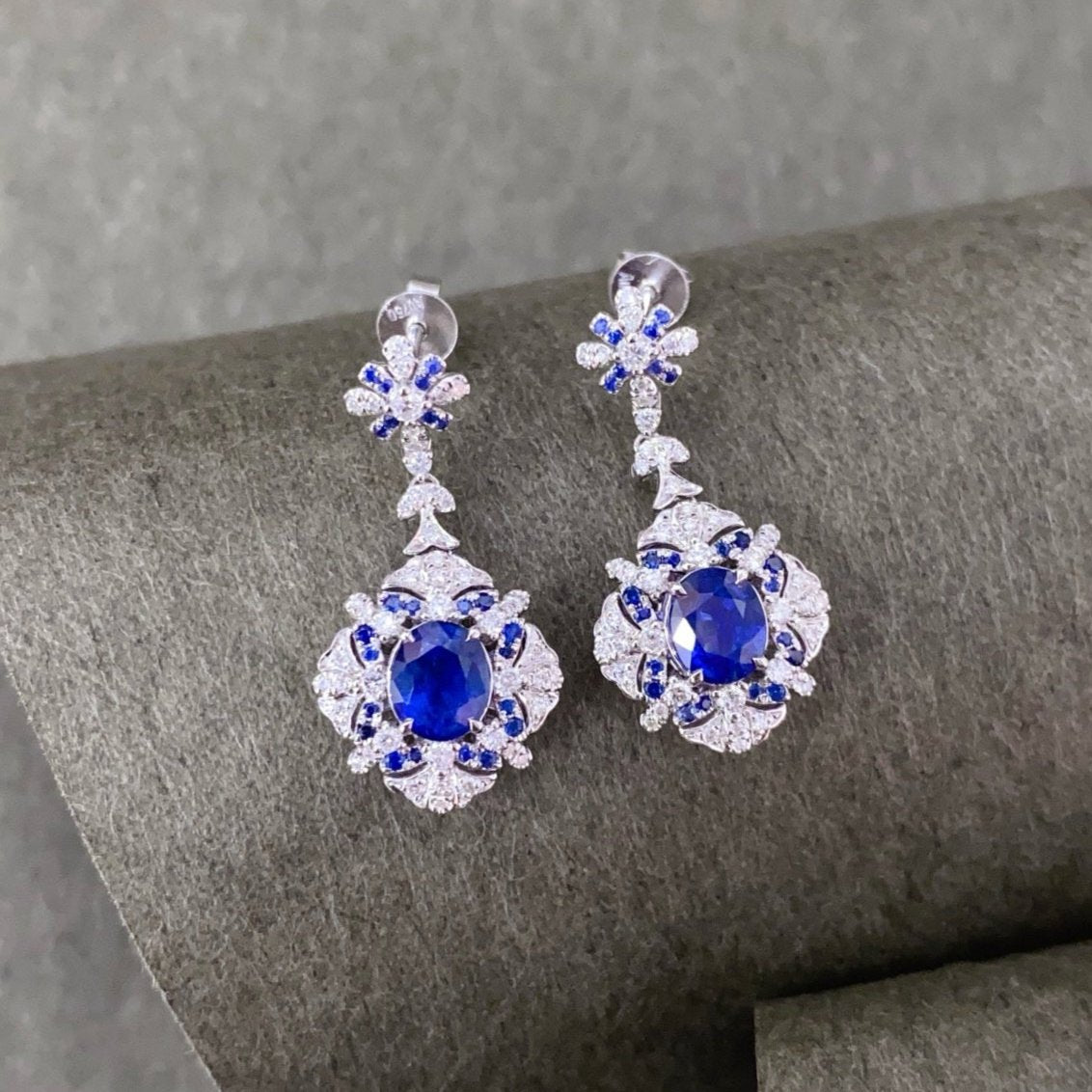 Natural Royal Blue Sapphire Drop Earrings with Diamond Accents | Tayam Jewellery