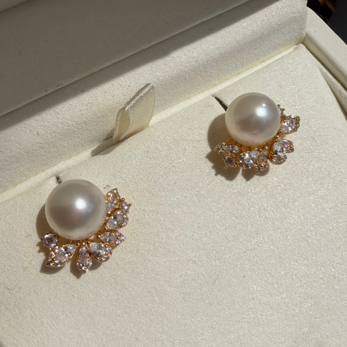 Pair of 9-10mm round South Sea pearl stud earrings with moissanite, AAA lustre | Tayam Sydney CBD