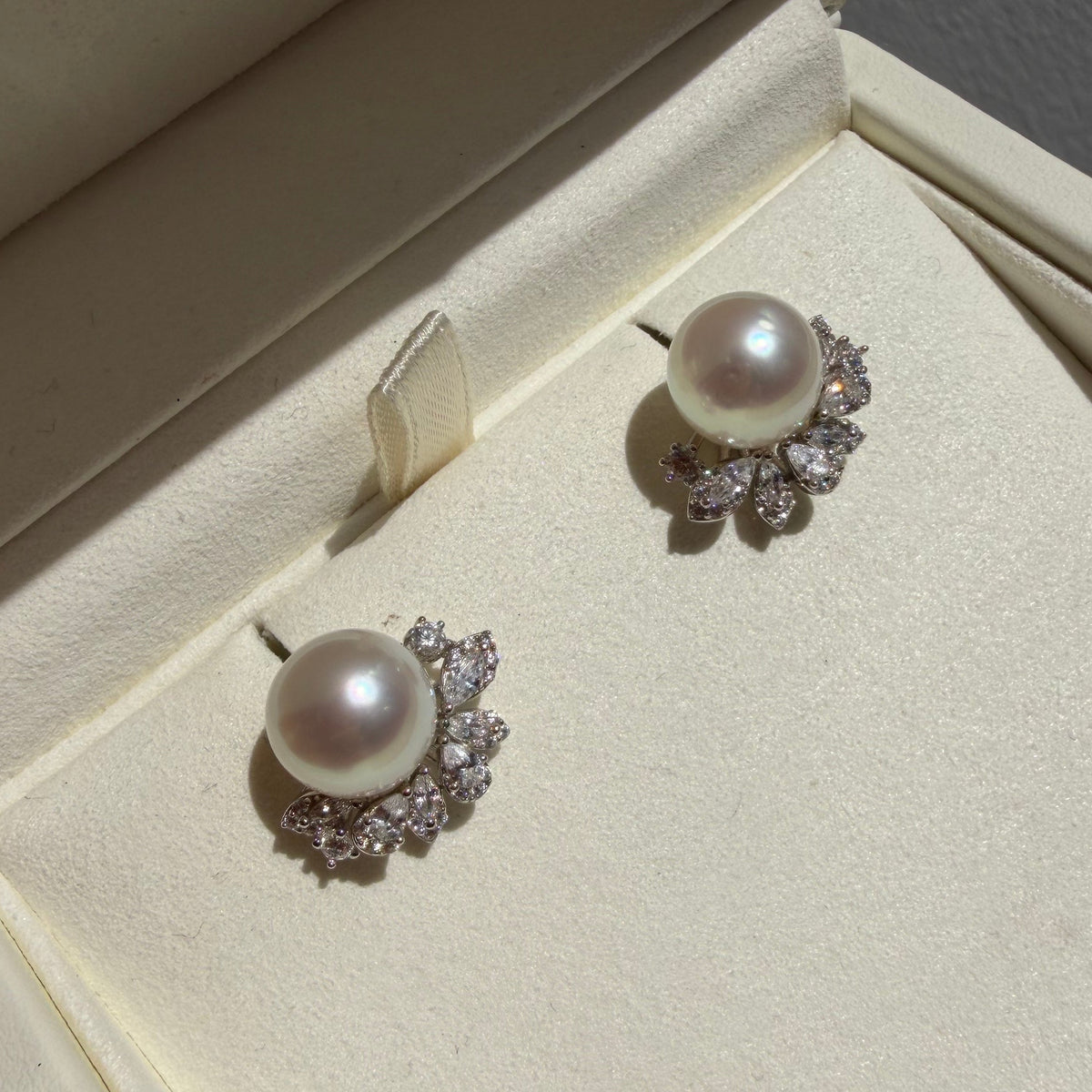 Round South Sea pearl and moissanite stud earrings in silver or gold colour | Tayam Sydney CBD