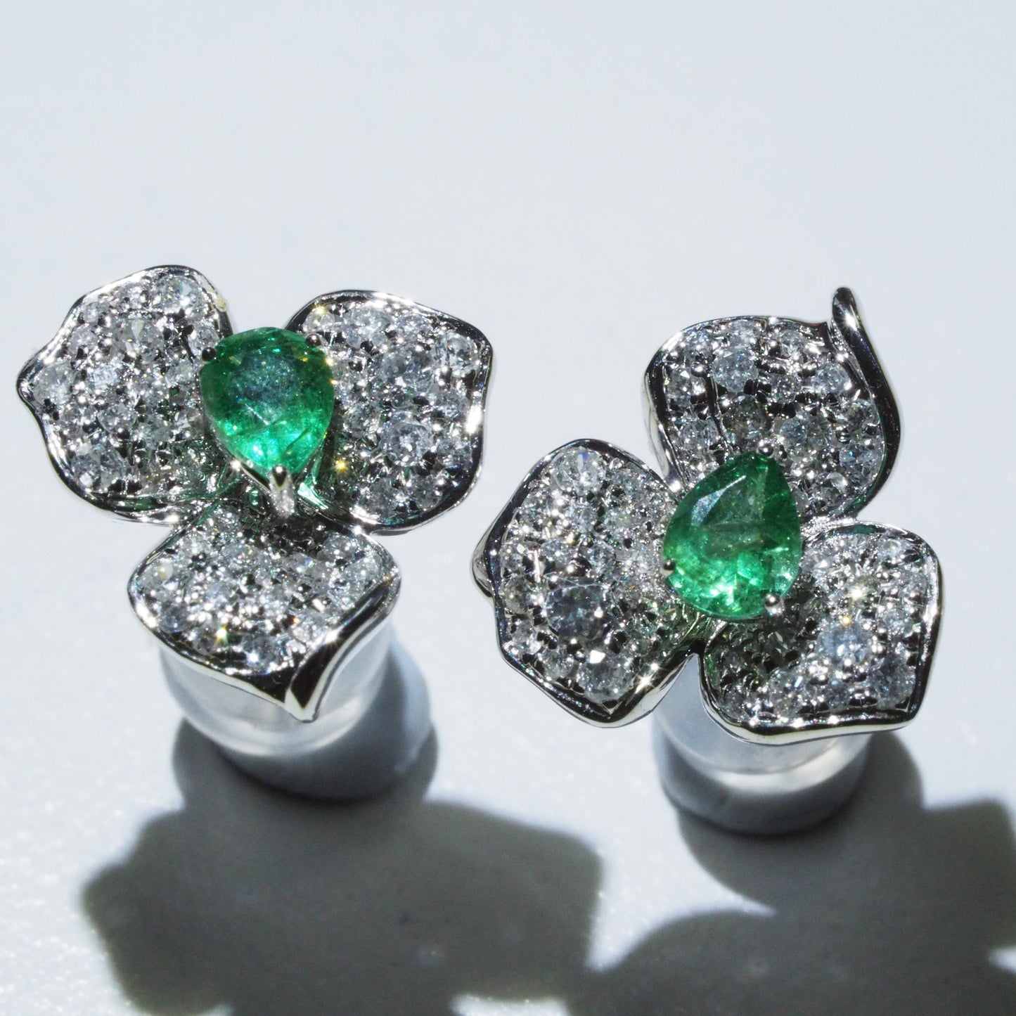 18K White Gold Diamond Emerald Floral Stud Earrings | Tayam Jewellery